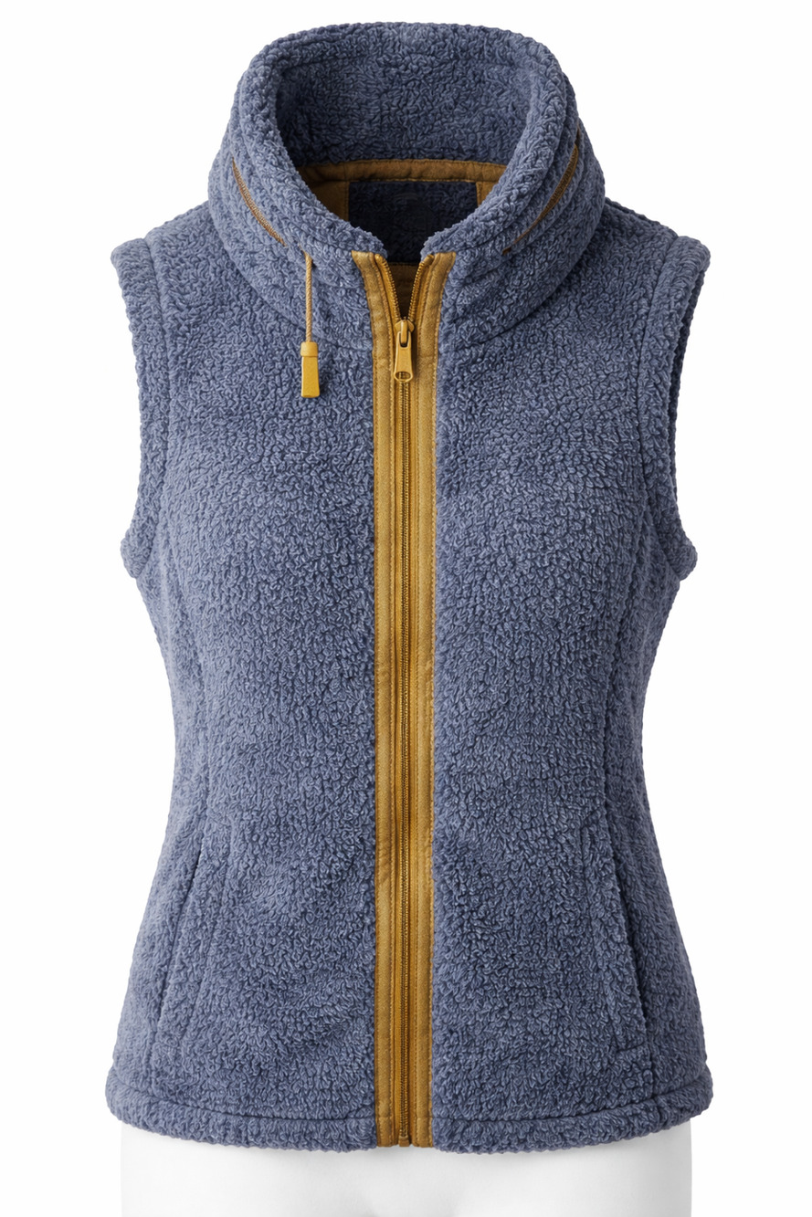 i5 Apparel Blue Sherpa Fleece Vest Faux Suede Trim Pockets Cozy Zip Up Layer L